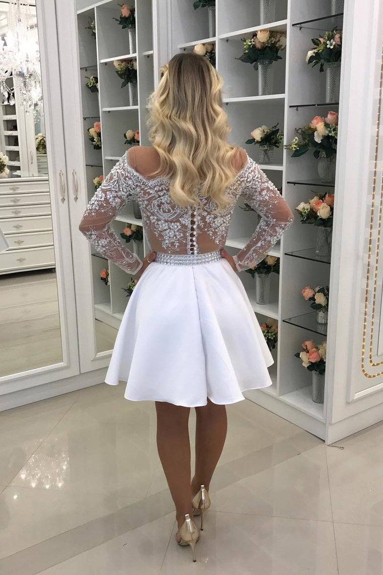 2022 Homecoming Dresses Scoop Long Sleeves A Line Satin With Applique And Pearls fg16