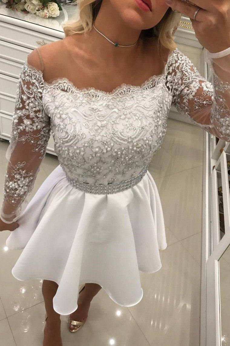 2022 Homecoming Dresses Scoop Long Sleeves A Line Satin With Applique And Pearls fg16