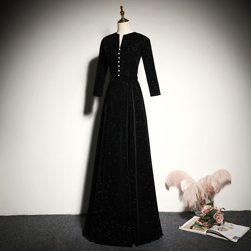 Black velvet evening dress 2022 new long-sleeved prom dress fg181