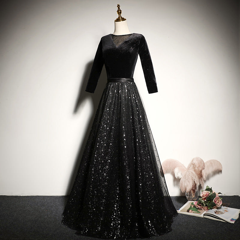 Black velvet evening dress new long-sleeved prom dress fg184