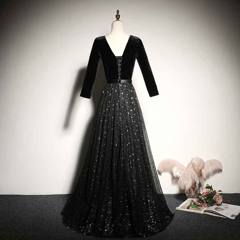 Black velvet evening dress new long-sleeved prom dress fg184