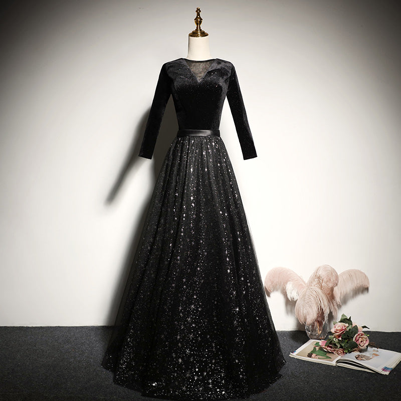 Black velvet evening dress new long-sleeved prom dress fg184