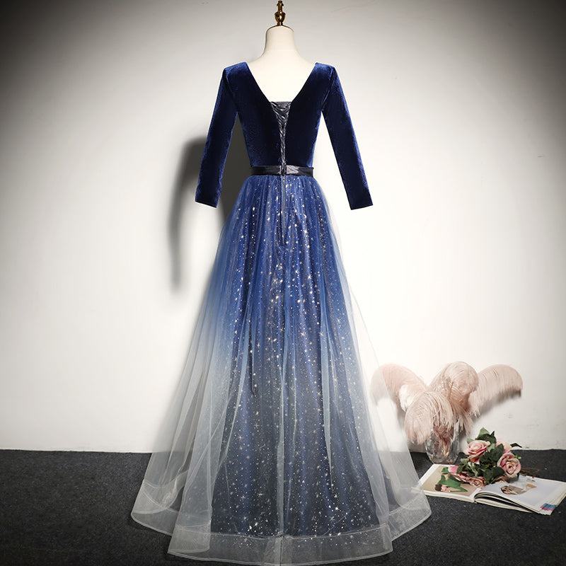 Blue velvet evening dress new long-sleeved prom dress fg185