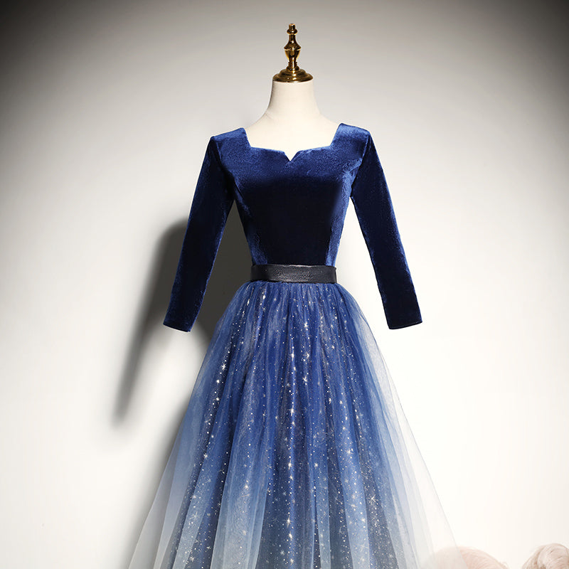 Blue velvet evening dress new long-sleeved prom dress fg185