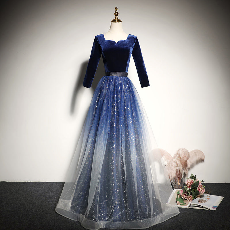 Blue velvet evening dress new long-sleeved prom dress fg185