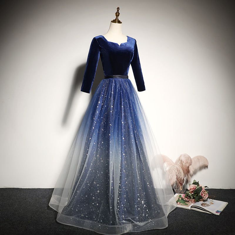 Blue velvet evening dress new long-sleeved prom dress fg185