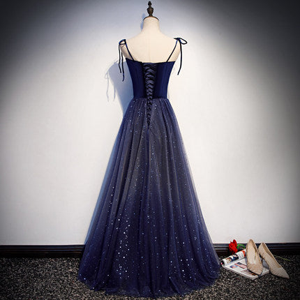 Simple A line Prom Dresses Navy Blue Tulle Evening Dress Bridesmaid dress fg228