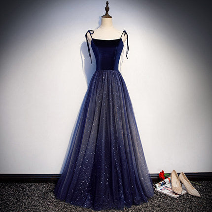 Simple A line Prom Dresses Navy Blue Tulle Evening Dress Bridesmaid dress fg228