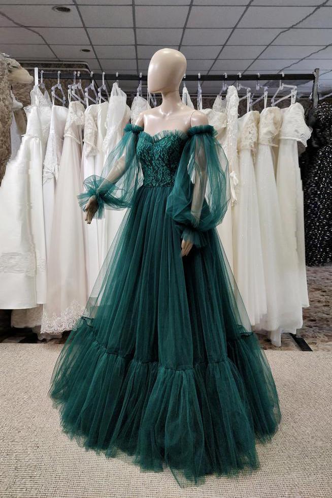 Pretty Green Lace Prom Dresses Puff Long Sleeves Off The Shoulder Lace Appliques Tulle Ball Gown fg236