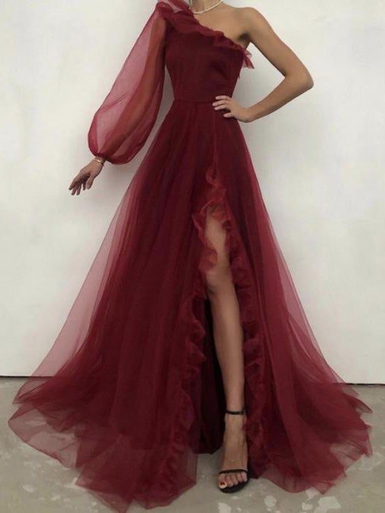 Women's Dresses Sloping Shoulder Long Sleeve Split Evening Dress fg237