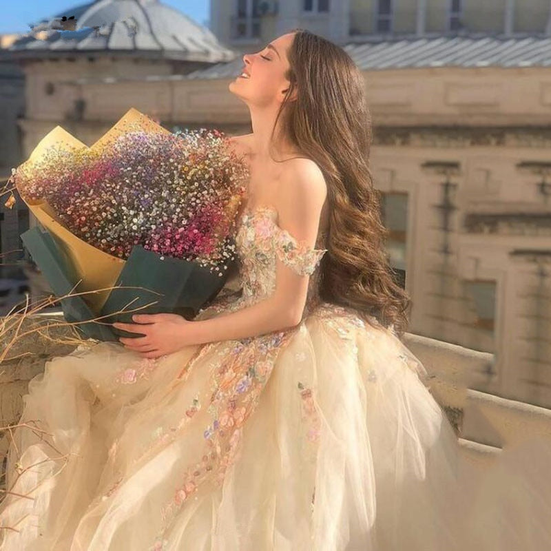 Off the Shoulder Champagne Floral Long Prom Dresses, Off Shoulder Champagne 3D Flower Long Formal Evening Dresses fg240