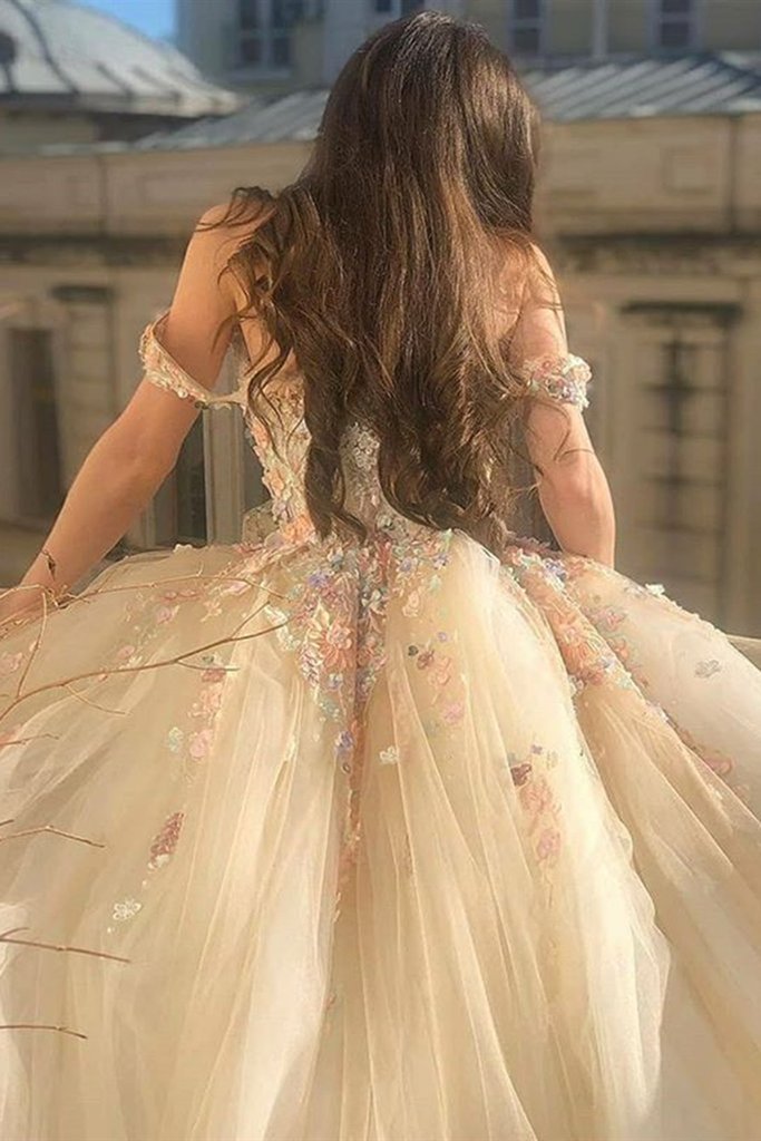 Off the Shoulder Champagne Floral Long Prom Dresses, Off Shoulder Champagne 3D Flower Long Formal Evening Dresses fg240