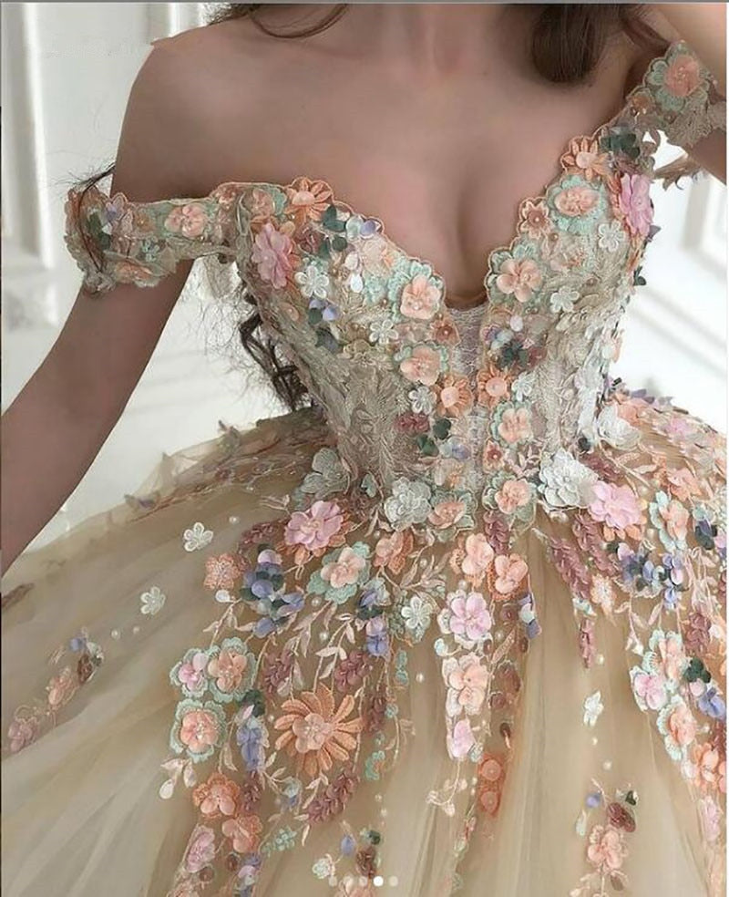Off the Shoulder Champagne Floral Long Prom Dresses, Off Shoulder Champagne 3D Flower Long Formal Evening Dresses fg240