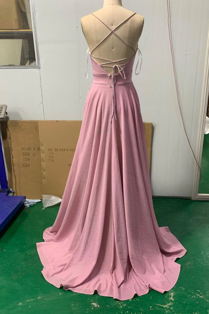 Pink V-neck long prom dress A-line evening dress fg25