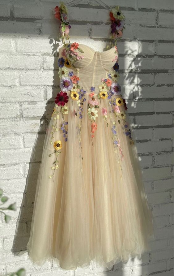 Light Champagne Ankle-Length Evening Gowns Colorful Pattern Appliques Formal Party Dresses 3D Flowers Straps Prom Dress fg251