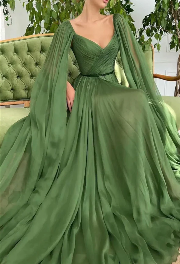 Green V-neck chiffon long prom dress A-line evening dress fg260