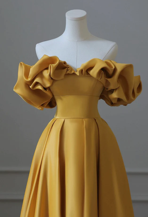 Yellow satin long ball gown dress formal prom dress fg266