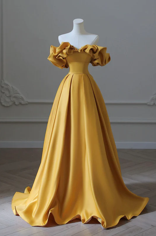 Yellow satin long ball gown dress formal prom dress fg266