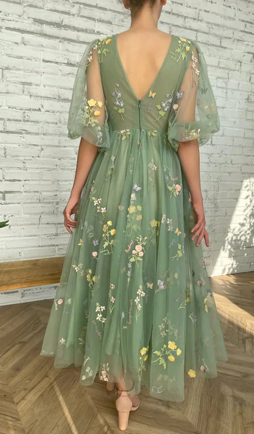 Elegant V Neck Green Tea Length Prom Dresses fg275