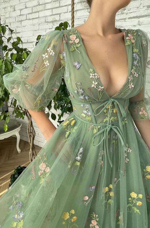 Elegant V Neck Green Tea Length Prom Dresses fg275