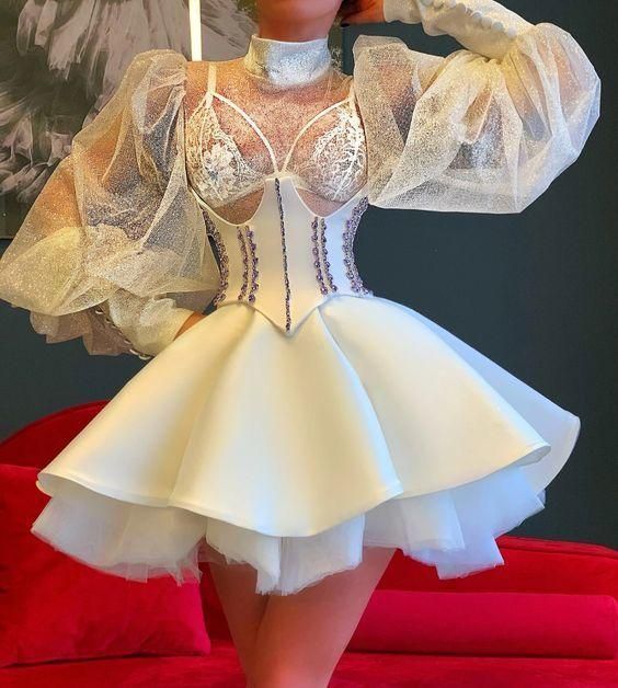 White Short Homecoming Dress Corset Crystals fg278