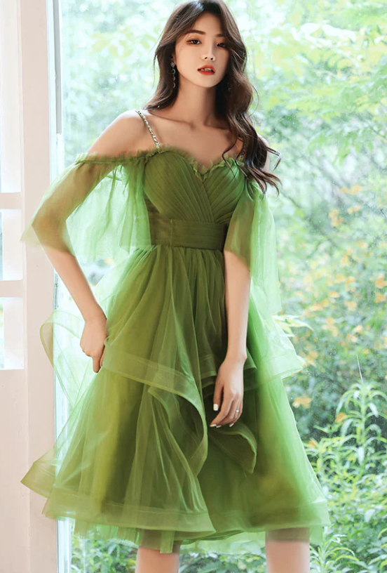 Green sweetheart neck green tulle prom dress, puffy green homecoming dress fg281