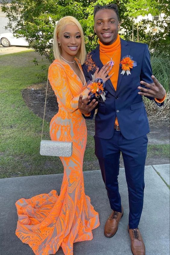 Gorgeous Mermaid V-neck Orange Sparkle Prom Dresses fg307