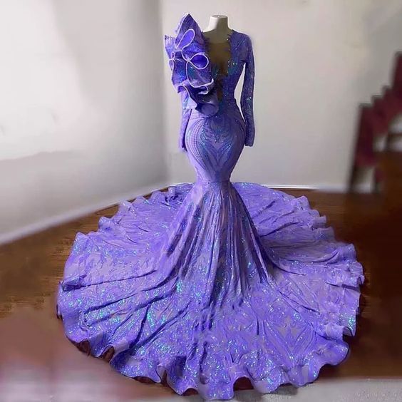 Long Sleeve Mermaid Prom Dresses 2022 Luxury Black Girls Sparkly Sequin Ruffles African Formal Evening Gown for Wedding fg317