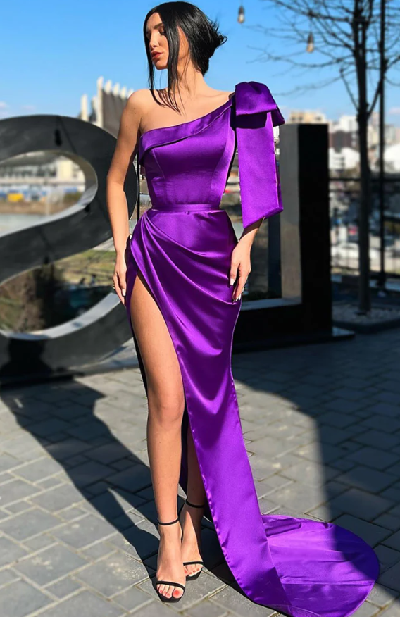 UNIQUE ONE SHOULDER PLEAST PURPLE PROM DRESS fg334