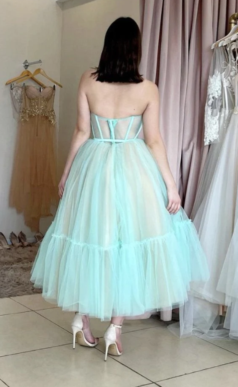 Blue tulle short A line prom dress fg351