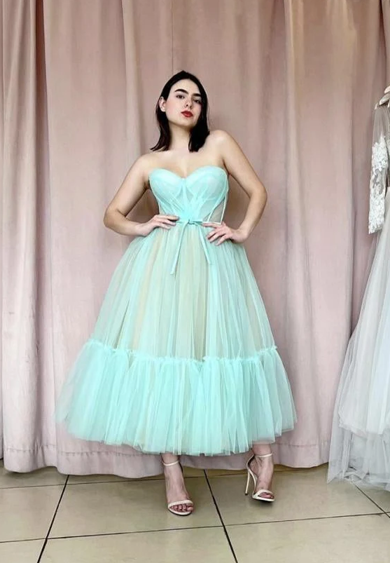 Blue tulle short A line prom dress fg351