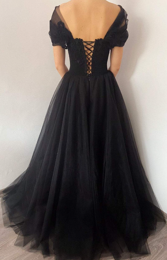 Princess Black Gothic Coret Tulle Prom Dress, Elegant Black Formal Gown fg364