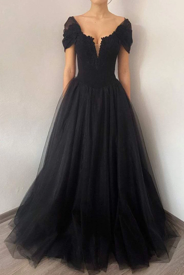 Princess Black Gothic Coret Tulle Prom Dress, Elegant Black Formal Gown fg364