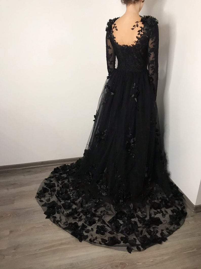 Black floral gothic wedding dress, black flower tulle lace dress, alternative bridal gown prom dress long formal gowns fg365