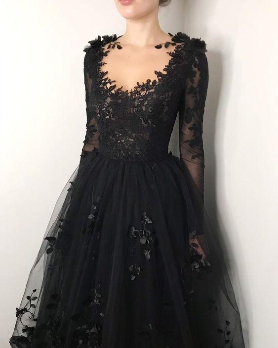 Black floral gothic wedding dress, black flower tulle lace dress, alternative bridal gown prom dress long formal gowns fg365