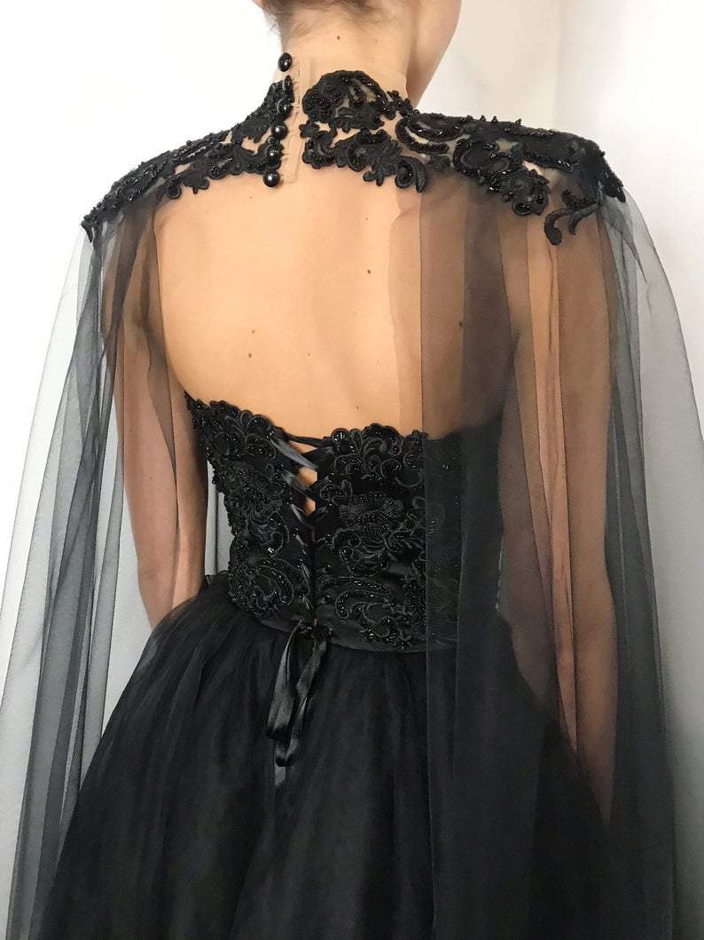Black gothic corset lace wedding dress with cape, heavy beading fantasy gown, black tulle wedding dress, alternative bride dress fg372