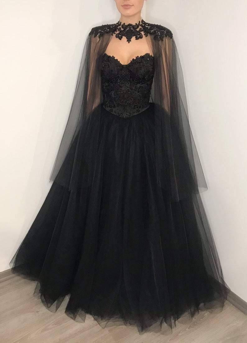 Black gothic corset lace wedding dress with cape, heavy beading fantasy gown, black tulle wedding dress, alternative bride dress fg372