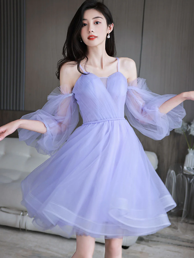 Purple sweetheart neck tulle short prom dress purple homecoming dress fg375