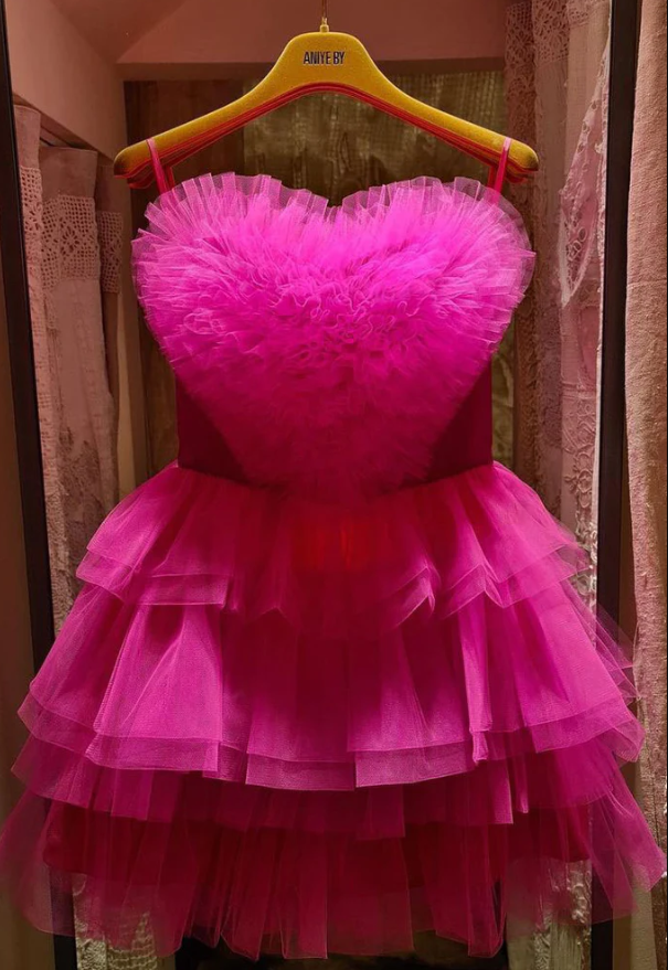 A Line Strapless Tiered Homecoming Dress With A Heart Shape, Hot Pink Short Dress fg378