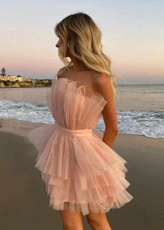 Sparkly Cute Strapless Pink Tulle Short Homecoming Dress fg379
