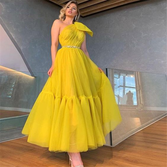 Tulle Short One Shoulder Tea Length Prom Dress fg396