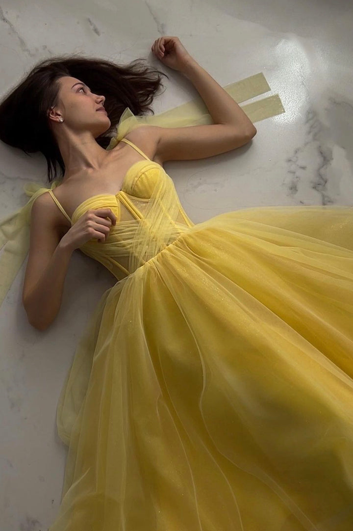 Yellow tulle long prom dress A line evening dress fg40