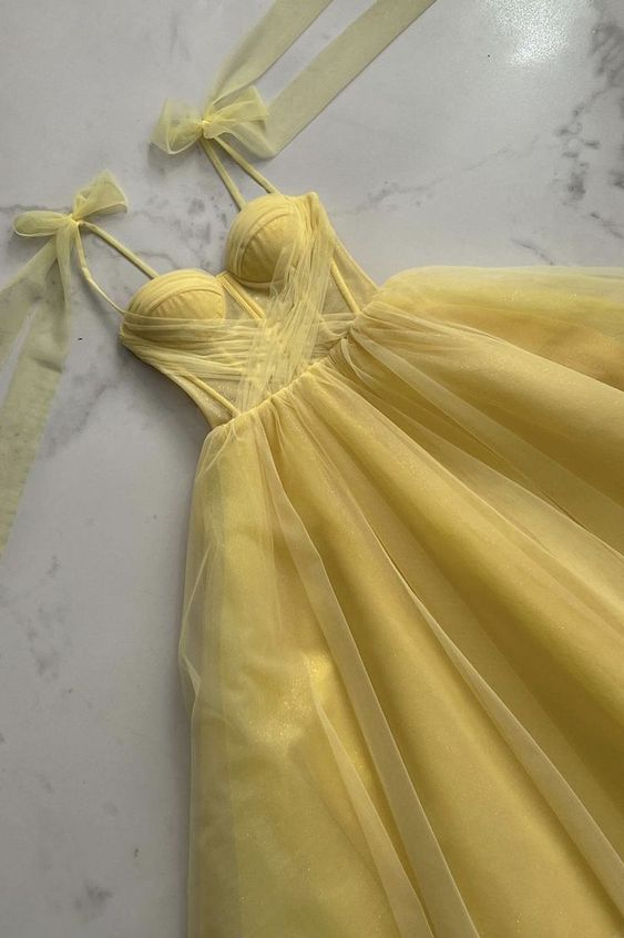 Yellow tulle long prom dress A line evening dress fg40