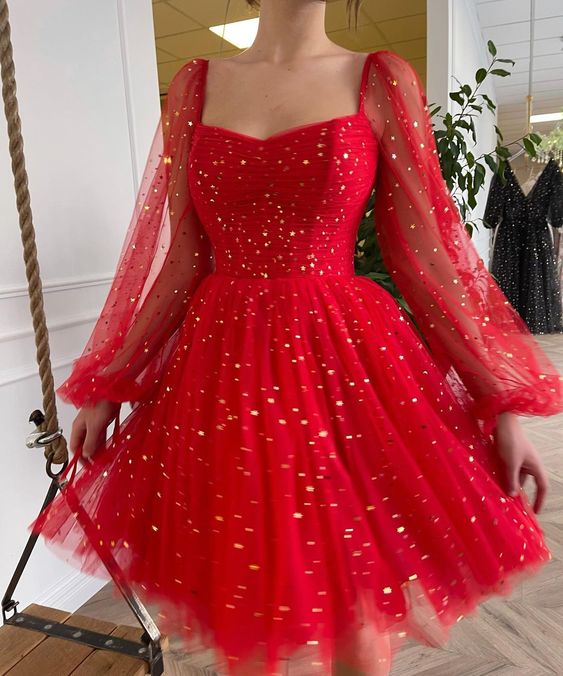 Tulle Ball Gown Long Sleeve Bling Sequins Short Mini Knee Girls Party Homecoming Dresses fg409