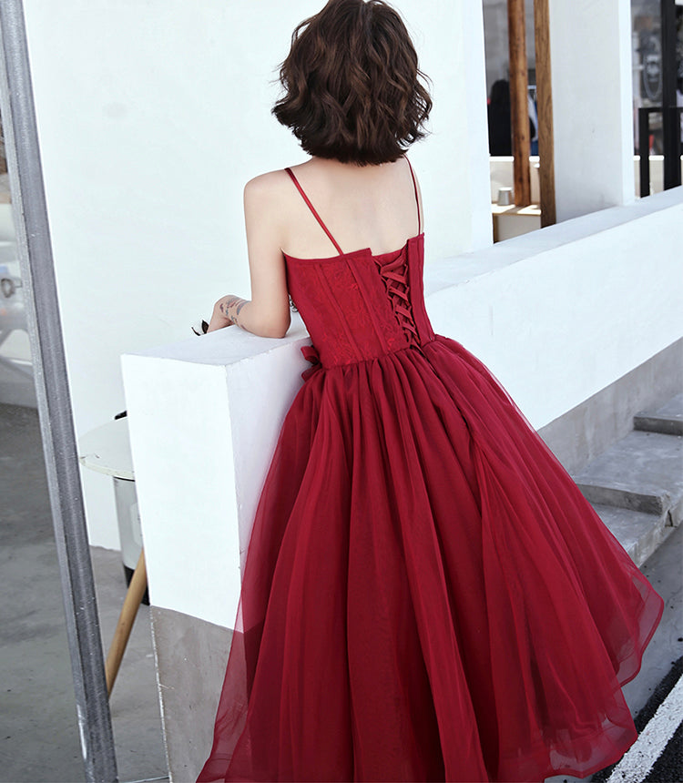 BURGUNDY TULLE SHORT PROM DRESS COCKTAIL DRESS fg410