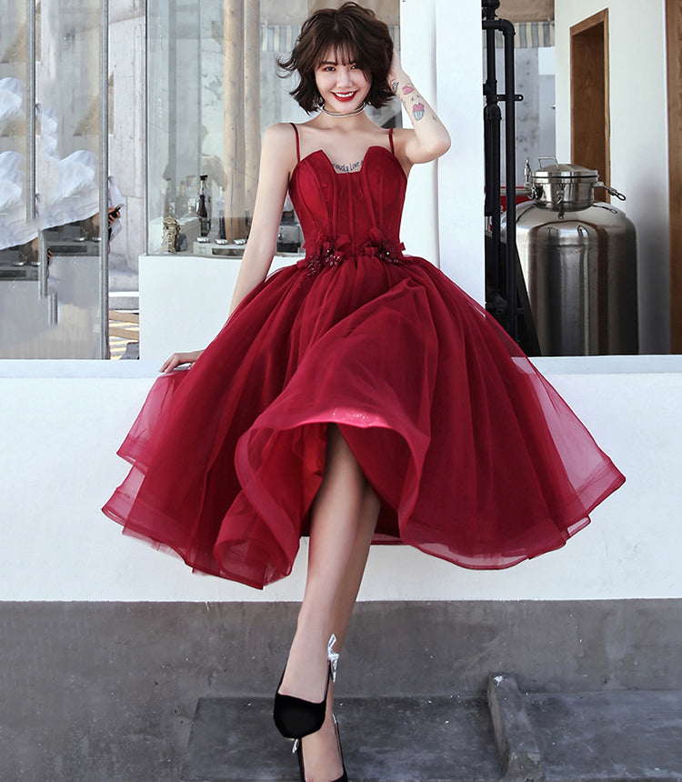 BURGUNDY TULLE SHORT PROM DRESS COCKTAIL DRESS fg410
