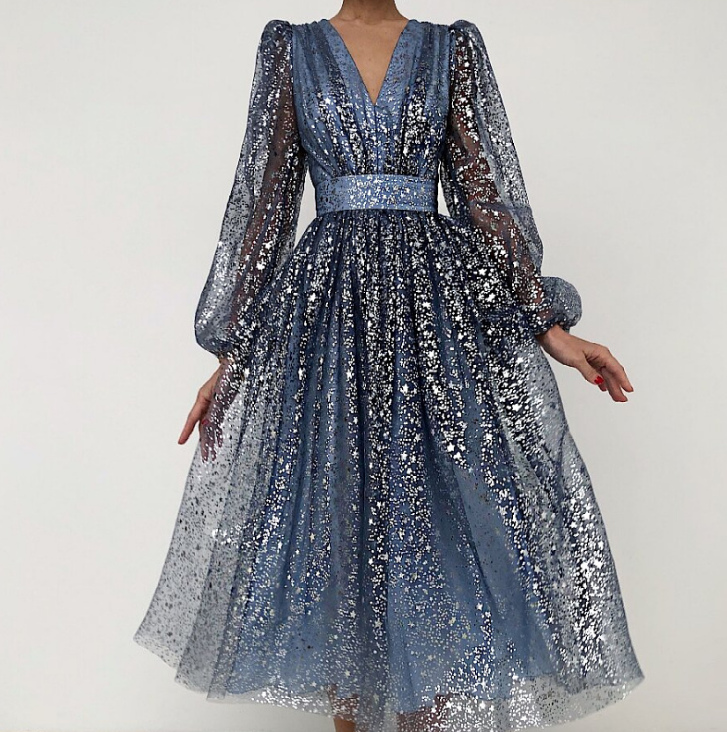 Long Sleeve V-neck High Waist Slim Dress Evening Dress Blue Prom Dresses fg420