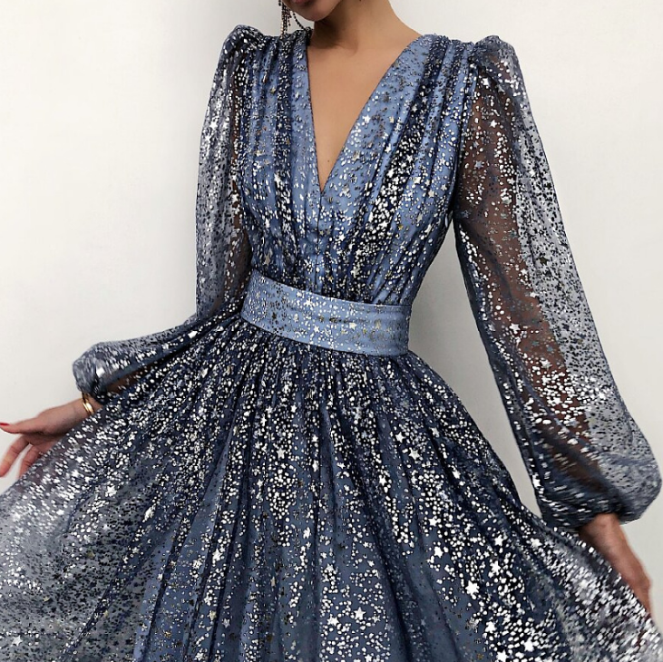 Long Sleeve V-neck High Waist Slim Dress Evening Dress Blue Prom Dresses fg420
