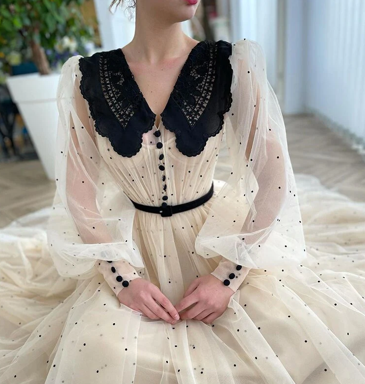 New Arrival Champagne V-Neck Long Puff Sleeves Dot Tulle Prom Dress Elegant A-Line Tea Length Evening Dress fg421