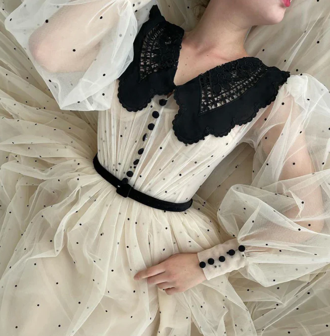 New Arrival Champagne V-Neck Long Puff Sleeves Dot Tulle Prom Dress Elegant A-Line Tea Length Evening Dress fg421